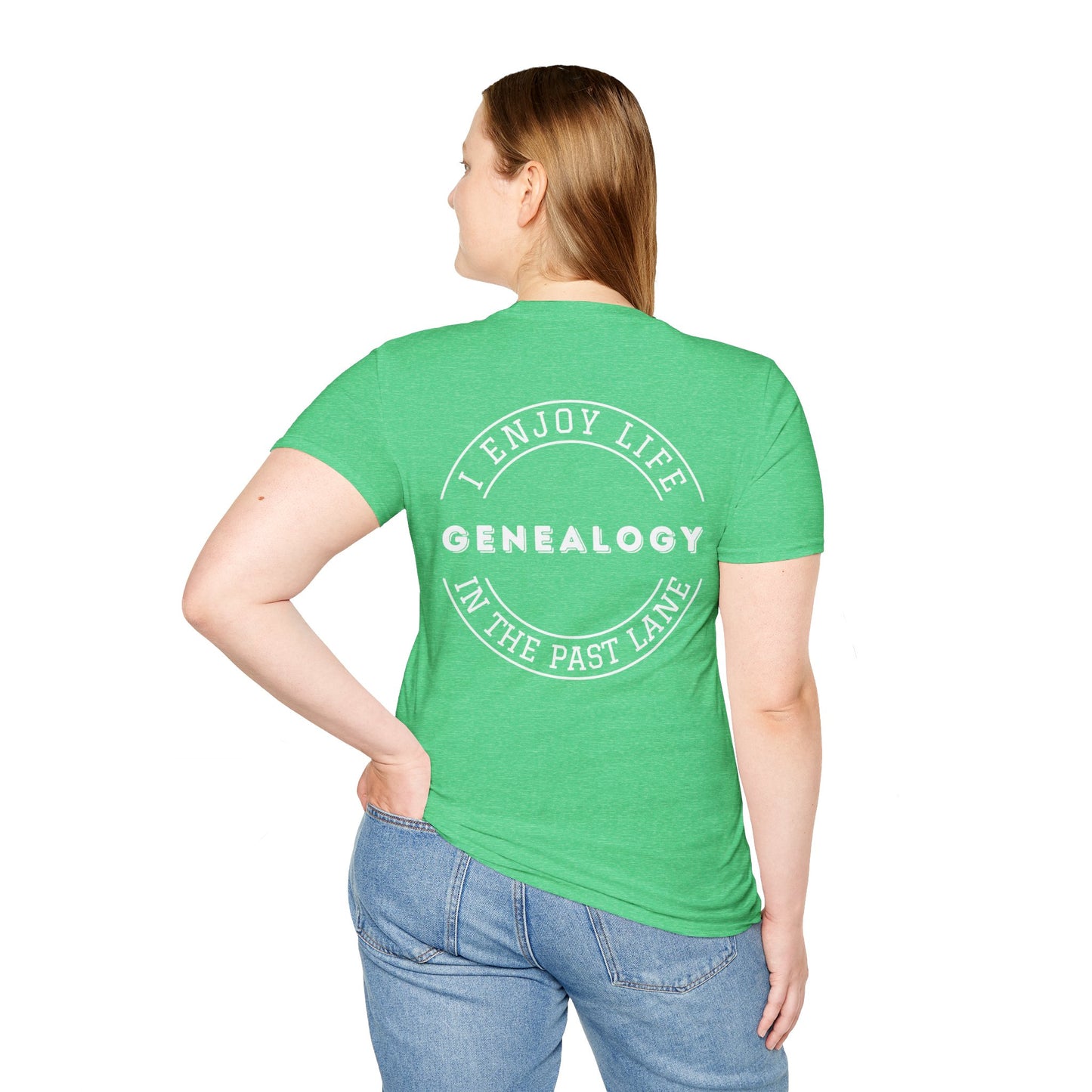 GENEALOGY. I ENJOY LIFE IN THE PAST LANE. Cotton, Short Sleeve, Crew Neck Tee in Dark Colors.