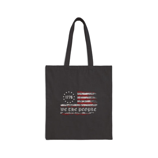 1776 WE THE PEOPLE AMERICAN FLAG. Cotton Canvas Tote Bag in Black.