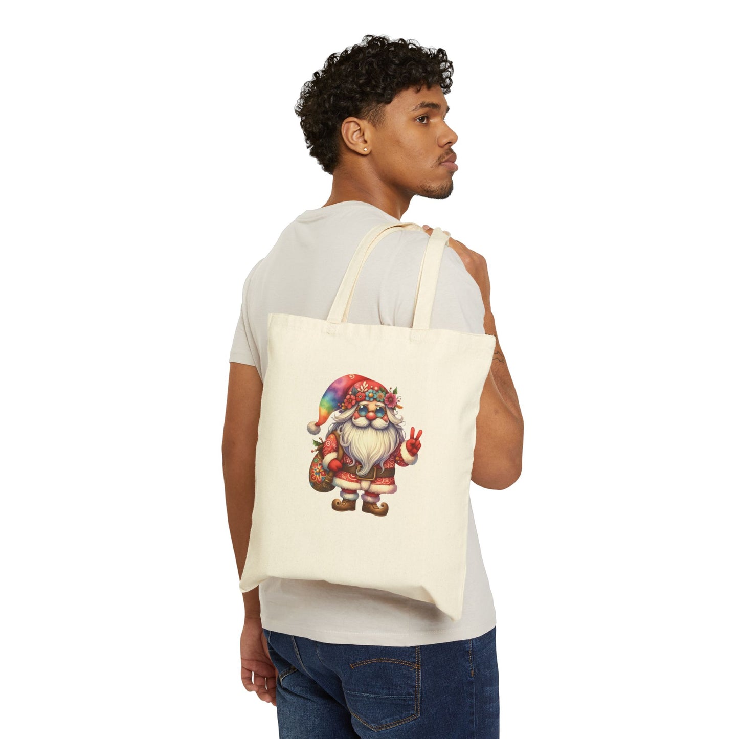 HIPPIE GNOME. CHRISTMAS GNOME. SANTA GNOME. Cotton Canvas Tote Bag in Natural, or Black.