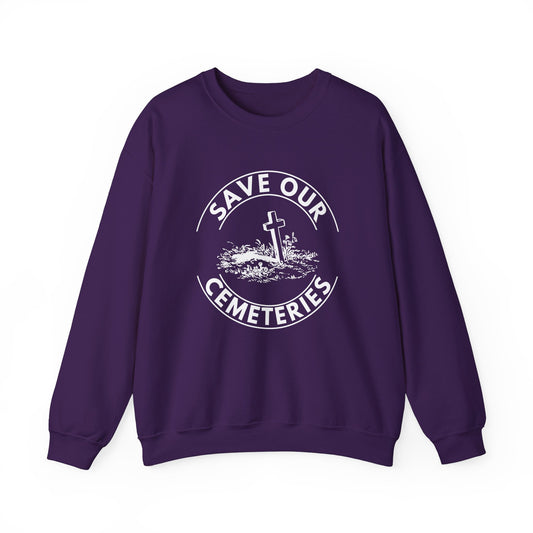 SAVE OUR CEMETERIES. Unisex Heavy Blend Crewneck Sweatshirt in Dark Colors.