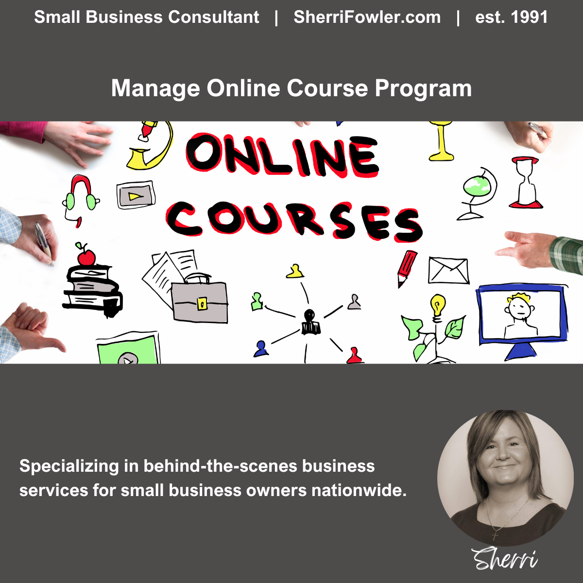 Online Course Program Management is available for small business owners and nonprofits at SherriFowler.com